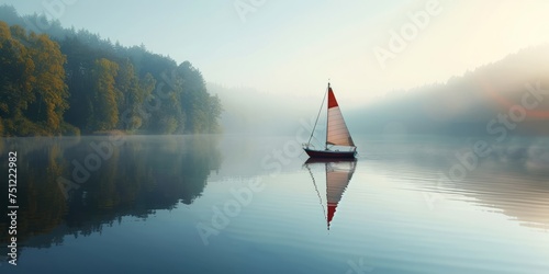 A solitary boat sailing towards the horizon in an ocean of blankness, leaving room for text or logos