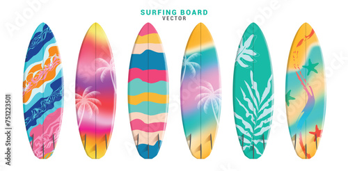 Summer surfboard elements vector set design. Summer surfing board in colorful printed pattern collection for tropical season water sport activity 3d realistic element. Vector illustration summer 