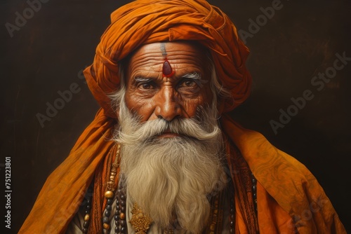 Elderly Vaishya man, his confident demeanor and affluence evident in traditional attire and perhaps accessories denoting business or trade, symbolizing the success and inf