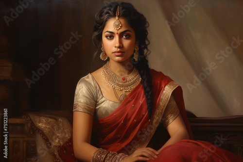  Portrait of a mature Kshatriya young woman draped in an elegant silk saree or lehenga, adorned with intricate jewelry and a bindi, emanating grace and regality characteristic of Kshatriya women