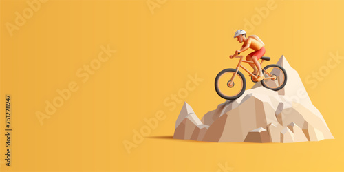 Rocky mountains island land with bicyclist traveler with backpack and helmet riding a bike on mountain, 3d render illustration