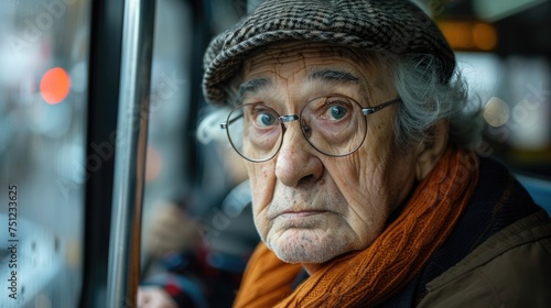 Elderly individual trying to navigate public transportation, looking confused and lost, depicting the challenges of mobility and orientation
