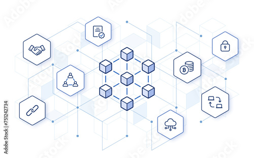 blockchain technology on abstract hexagon background. editable stroke icons vector illustration