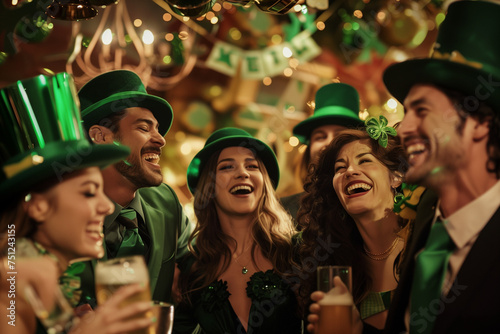  A vibrant group, adorned in festive green attire, celebrates St. Patrick's Day with joyful cheers