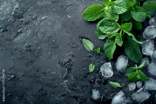 Beautiful semi-blank black slate background with elements of green mint leaves and ice cubes in the right part of the screen with space for text, product or inscriptions, top view 
