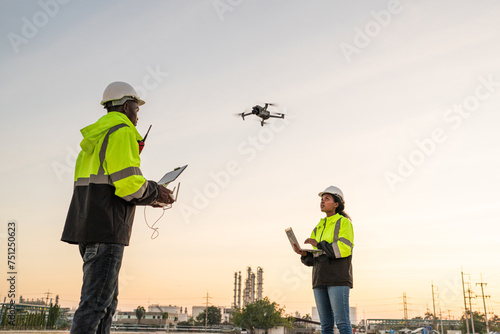 Team of Engineer Specialists Pilot Drone on Construction Site. Architectural Engineer and Safety Engineering Inspector Fly Drone at industrial plant.