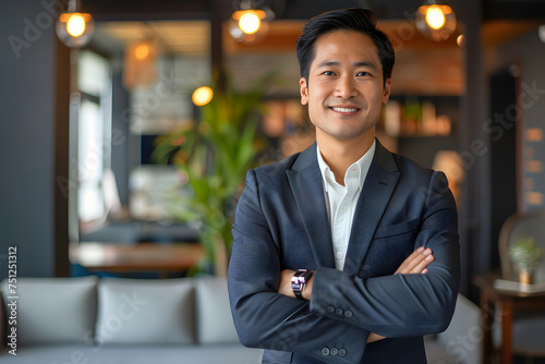 A confident Southeast Asian man in his late 40s, impeccably dressed in a sharp suit, stands in his modern office with a warm smile. With arms crossed and a direct gaze at the camera.