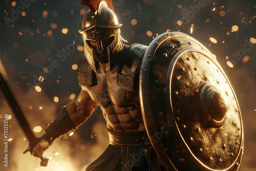 Fighting gladiator with sword and shield on a fiery background with space for text or inscriptions 