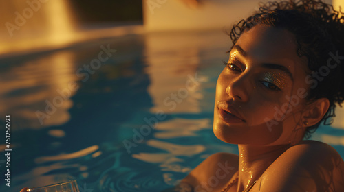 A close-up portrait of a woman against the cool stone edge of a pool, with a vibrant mocktail 