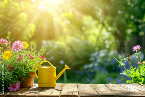 Beautiful summer garden background with yellow watering can, vases with plants on a wooden table with space for product against the background of sunlight and trees. Gardening background 