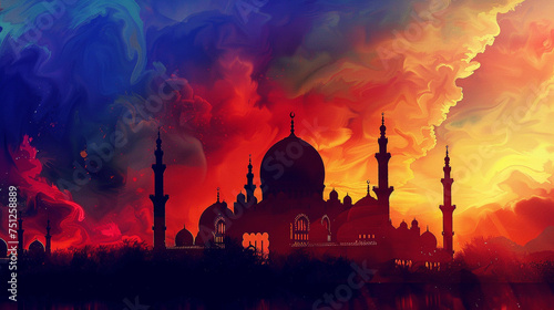 A magnificent mosque silhouetted against the vibrant hues of the Eid ul Azha sky, a beacon of faith and celebration.
