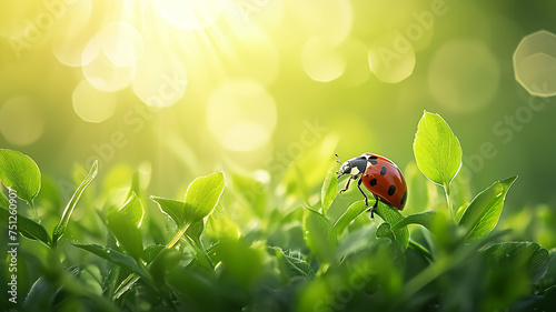 Ladybug crawling on green grass, morning plant background close-up