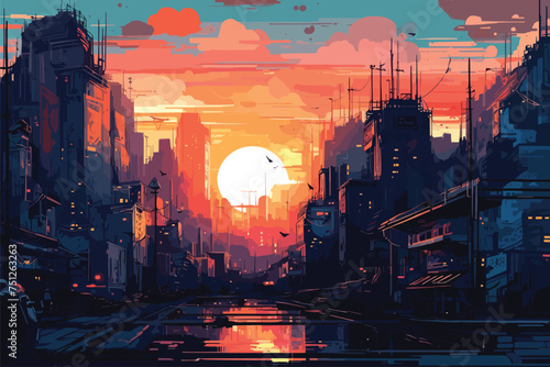 Beautiful Cyberpunk Cityscape with a sunset Glitchy vector illustration. Generative AI