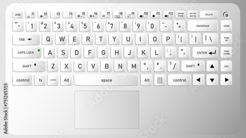 Realistic image of a computer or laptop keyboard. Background image in white metallic.