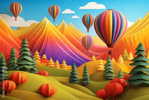a colorful hot air balloons over mountains