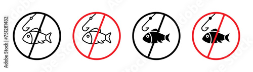 No Fishing Line Icon Set. Ban Aquatic Fishing Preserve symbol in black and blue color.