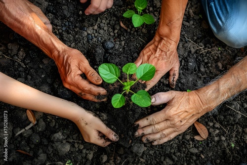 Multiple generations come together, planting a young sapling in fertile earth, symbolizing growth, care, and environmental responsibility.