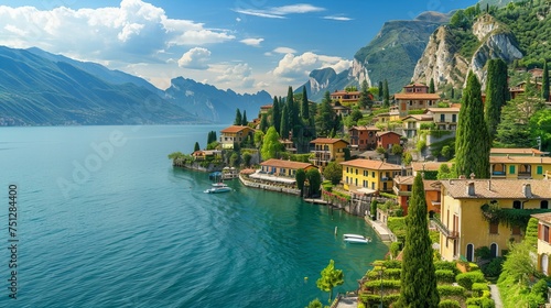 The serene lakes of Italy, with idyllic villages nestled along the shores and the Alps in the distance