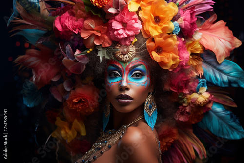 Stunning portrait of a woman adorned with a colorful headdress and artistic makeup