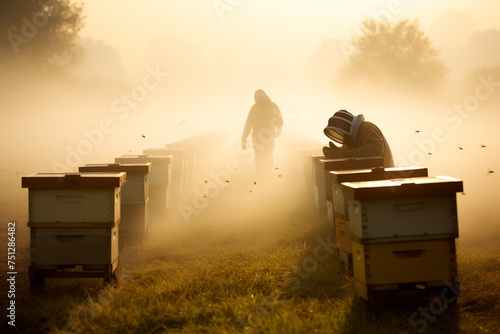 Beekeeper farmer navigating through a misty morning fog as they check on their beehives. Generative AI