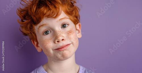A boy with red hair and blue eyes is looking at the camera. He has a scruffy appearance and he is sad. a close up head shot of a red haired young boy pulling a funny face on a plain purple background