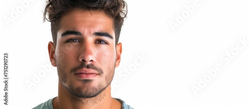 A serious-looking Hispanic man with a beard is facing the camera, his expression simple and natural. The close-up shot captures the details of his well-groomed facial hair.