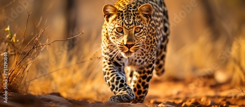 A young African leopard gracefully prowling across a dry grass-covered field in the wilderness of southern Africa. The leopards sleek movements captivate observers as it navigates the untouched nature