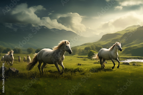 Horses grazing in a lush green pasture. Generative AI