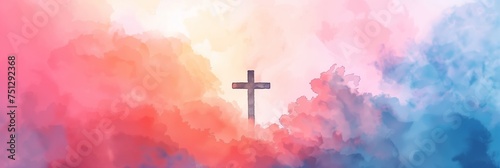 Abstract watercolor background in warm tones with a Christian cross silhouette on the right, space for text, suitable for Easter or spiritual themes