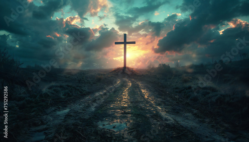 Recreation of a big cross in a wet road at sunset 