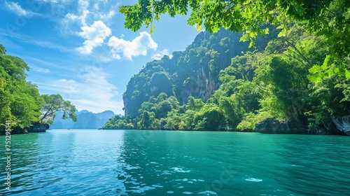 Lush greenery and pristine waters beneath a majestic mountain range, all under a clear and vibrant blue sky.