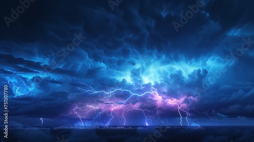 Panorámica dramática de una tormenta eléctrica con rayos azules y morados iluminando nubes tumultuosas