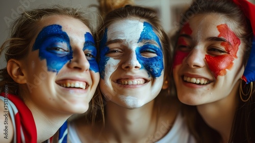Young woman fan watching summer olympic games in Paris stadium with makeup of France flag colors.