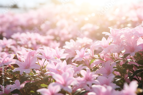 Field of pink jasmine flowers in full sunlight, close up , white space