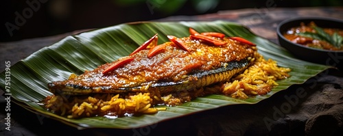 Traditional Indian fish curry made with tapioca and spicy Kerala-style seasoning, served on a banana leaf. Also known as kappa or cassava with sardine masala, this Asian cuisine