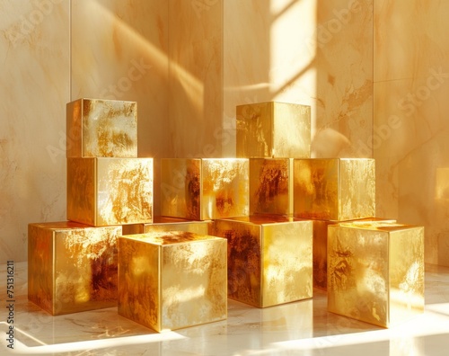 golden boxes on a golden background, octane render, asymmetrical balance, award-winning, glazed surfaces, 