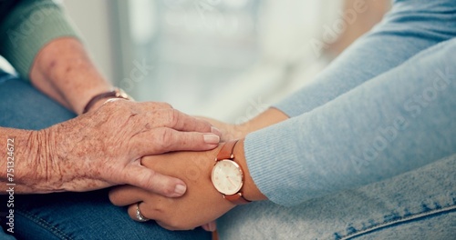 Comfort, senior or closeup of people holding hands for comfort or heal for wellness together. Therapist, sympathy or elderly person bonding, praying or care after death with psychologist or support