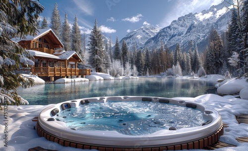 ski resort in the mountains. a hot tub with spa near a winter forest with a snow covered mountain in background 