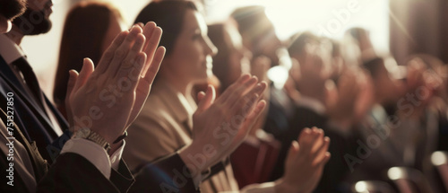 Audience clapping hands at a corporate event in a show of appreciation.