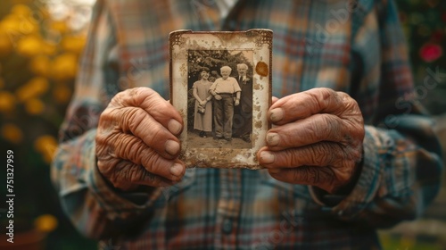 Close-up of a senior man's hands holding a family photograph, with a blurred background to symbolize fading memories
