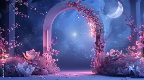  a scene of ramadan night islamic arch with pastel floral and light of ramadan celebration with half moon