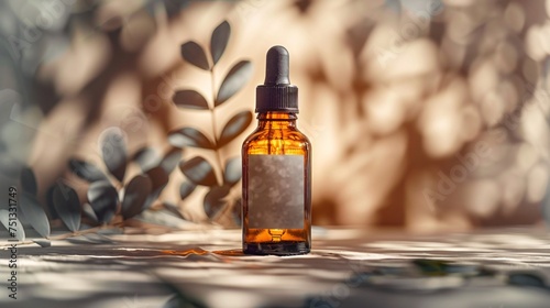 A single amber dropper bottle with a blank label is beautifully set against a backdrop of artistic shadow play and soft light on a neutral background