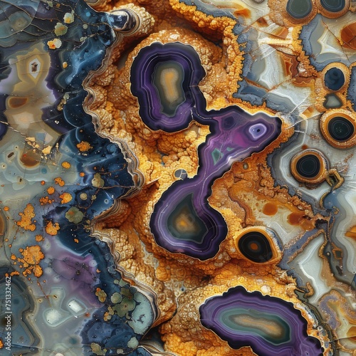 slab, picture jasper design, close-up. multi color, blue, purple, gold, some glow, some dark , webs of cells, some translucence
