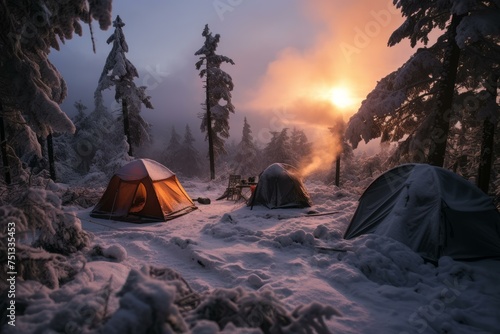 Snow camp mountains. Adventure night extreme. Generate Ai