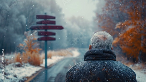 Elderly person staring at a road sign with multiple directions, symbolizing the decision-making difficulties faced by those with dementia