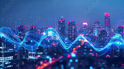 Smart city and big data connection technology concept with digital blue wavy wires with antennas on night megapolis city skyline background, double exposure. Generative Ai
