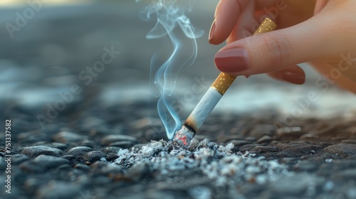 Detailed shot featuring a hand with a lit cigarette, smoke rising softly.