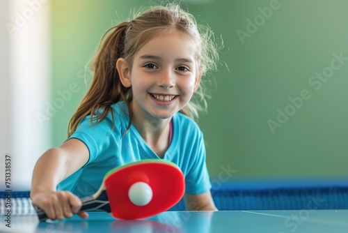 A young girl is playing ping pong with a red paddle