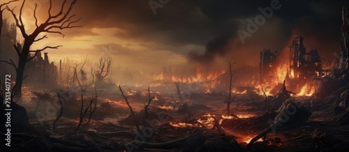 A realistic painting depicting a raging fire engulfing a forest, with tall trees consumed by flames and thick smoke billowing into the sky. The intensity of the fire is evident, showcasing the