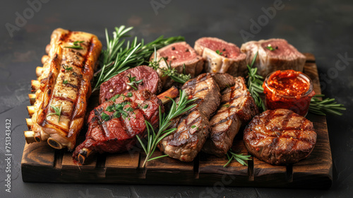 Succulent grilled steaks arrayed on a rustic wooden board, accompanied by fresh rosemary, cherry tomatoes, and a rich tomato sauce